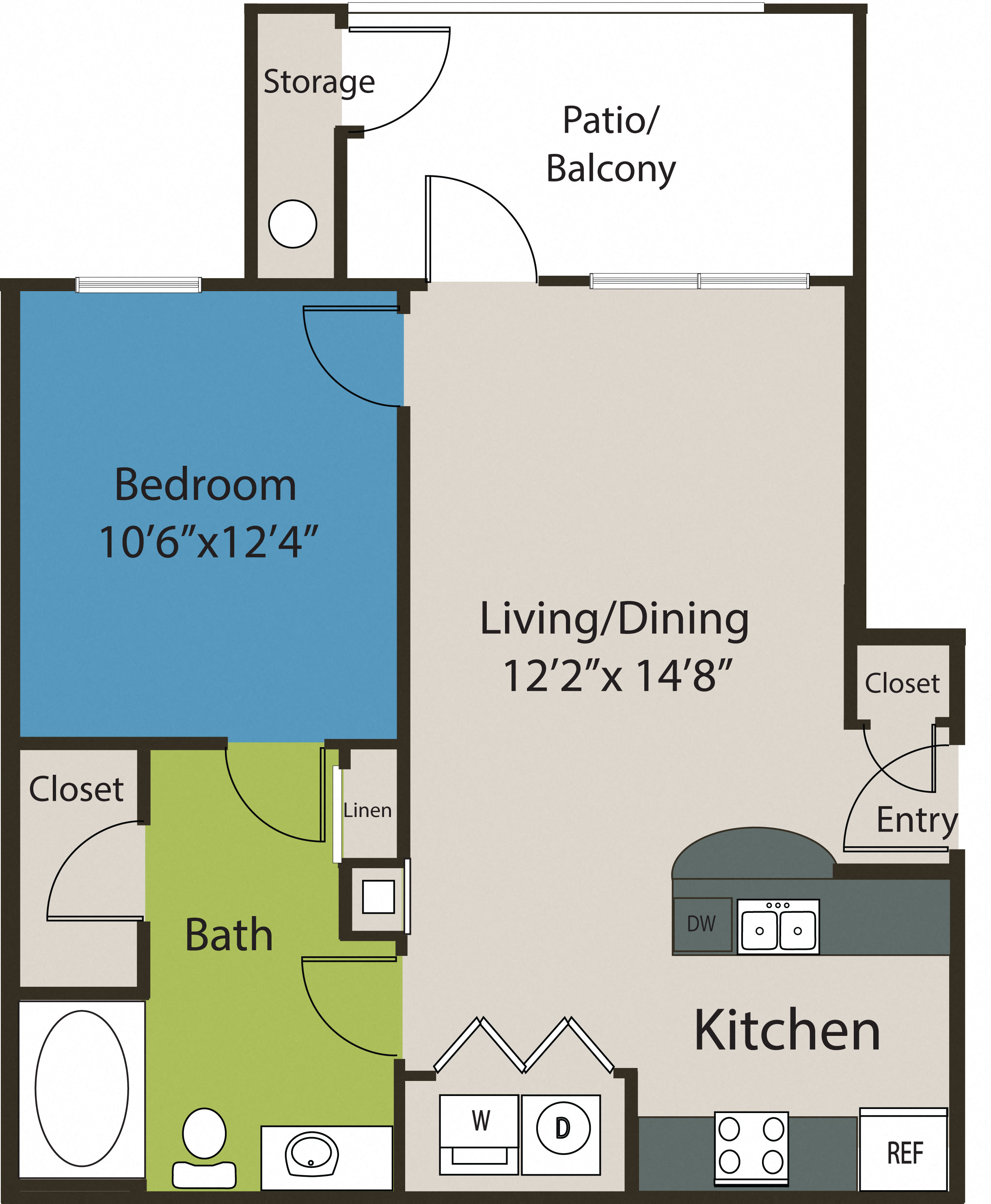Floor plan for 1 bed, 1 bath, 670 sqft